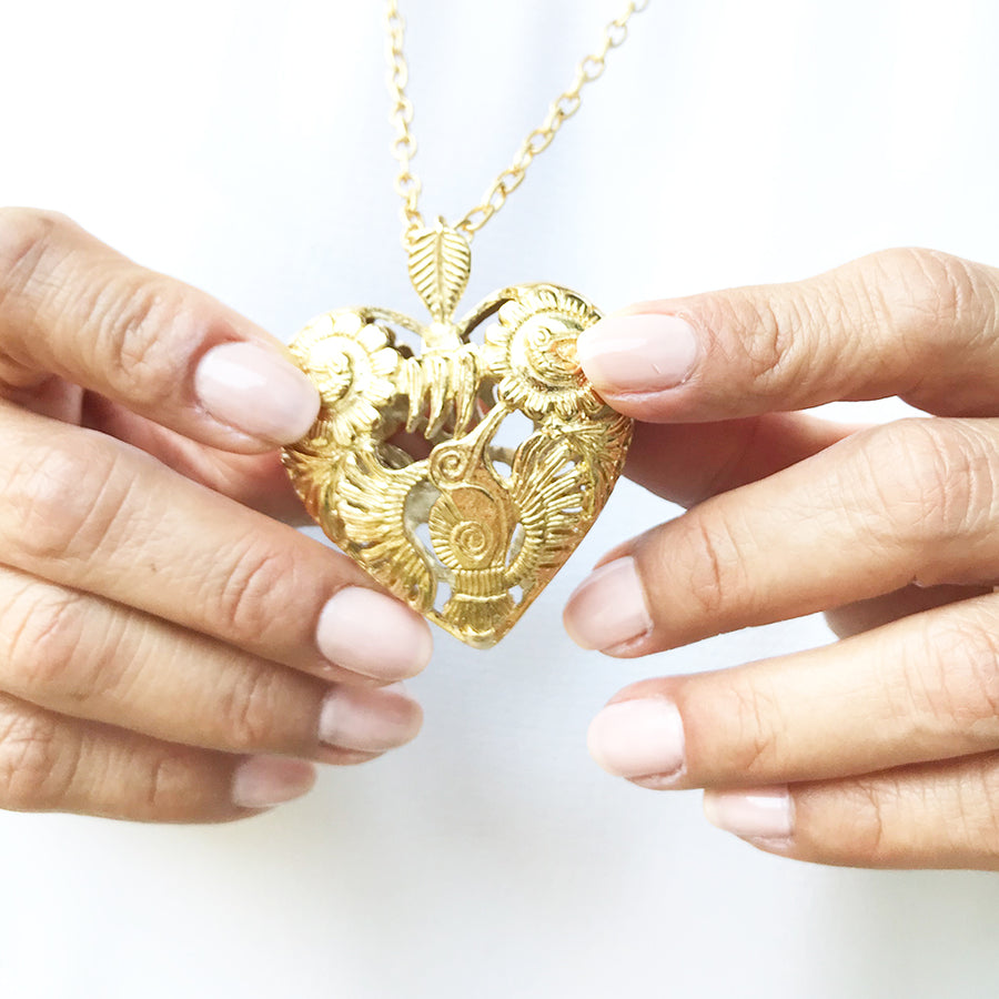 Corazón Colibrí  Grande -Oro